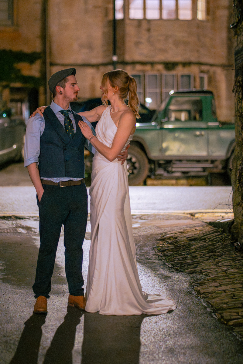 Portrait session with bride and groom at night