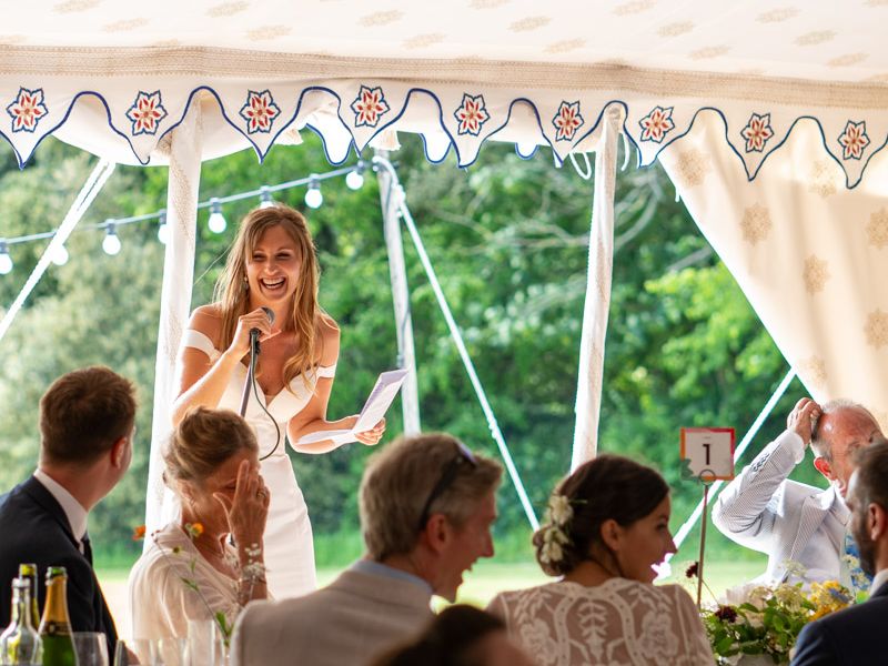 Bride giving her speech at Festival Wedding in Cornwall